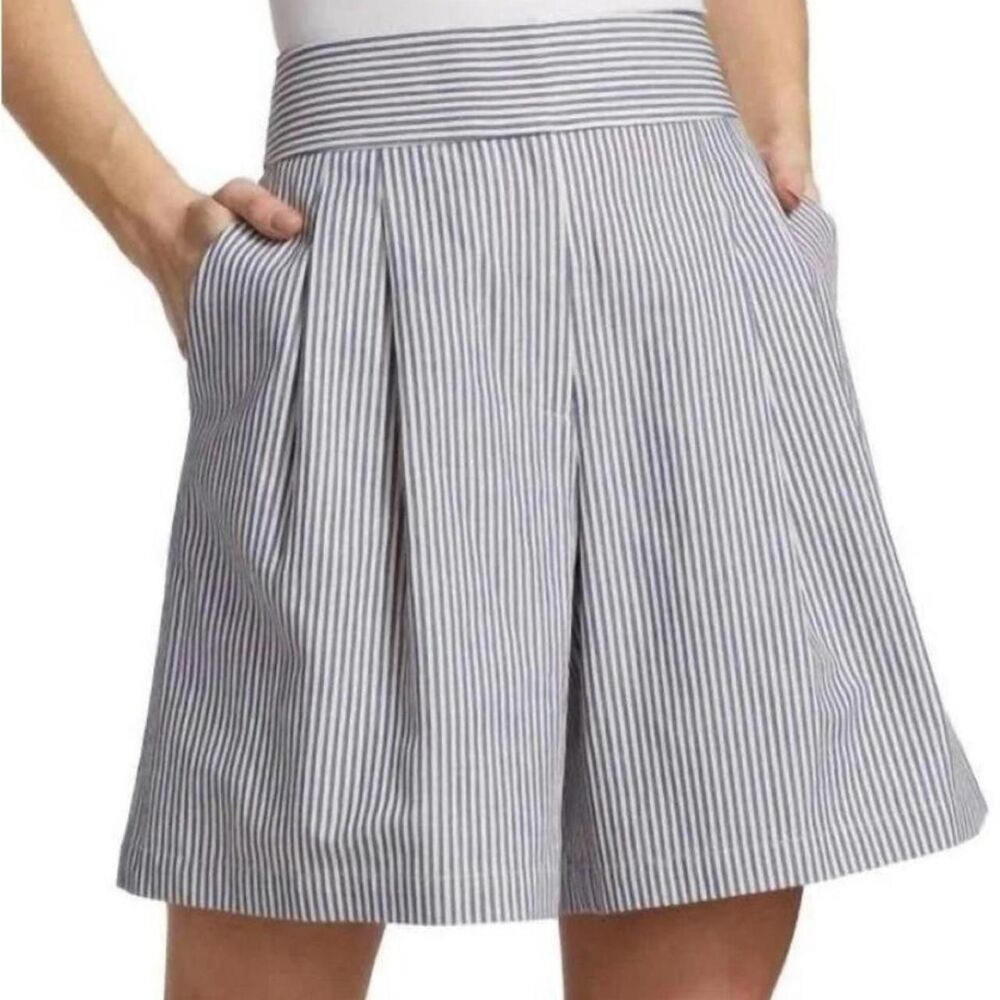 Lafayette 148 New York Leroy Pleated Striped Shorts Blue 4 Linen Blend Coastal